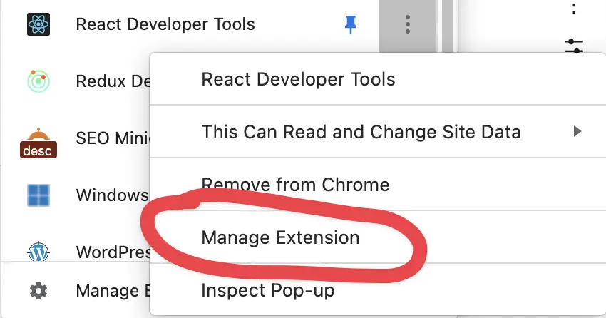 Drop down menu for Chrome Extension with the menu item titled "Manage Extension" highlighted