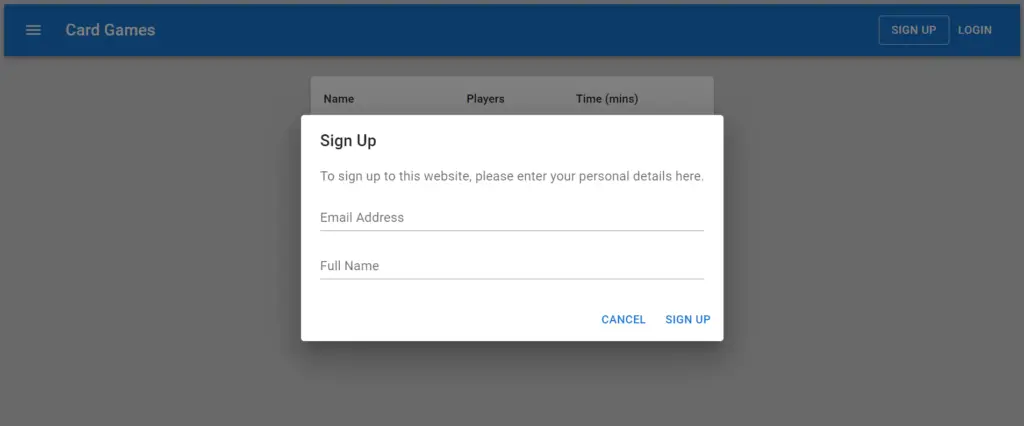MUI Card Game Page with modal signup form being displayed