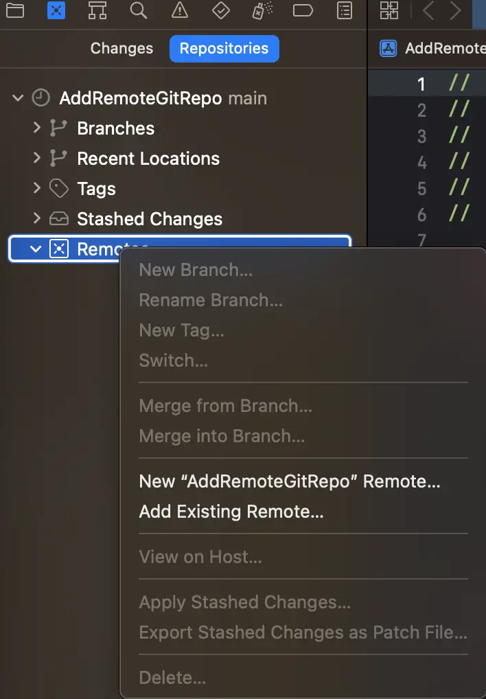 Context menu after right clicking Remotes label in Source Control Navigator