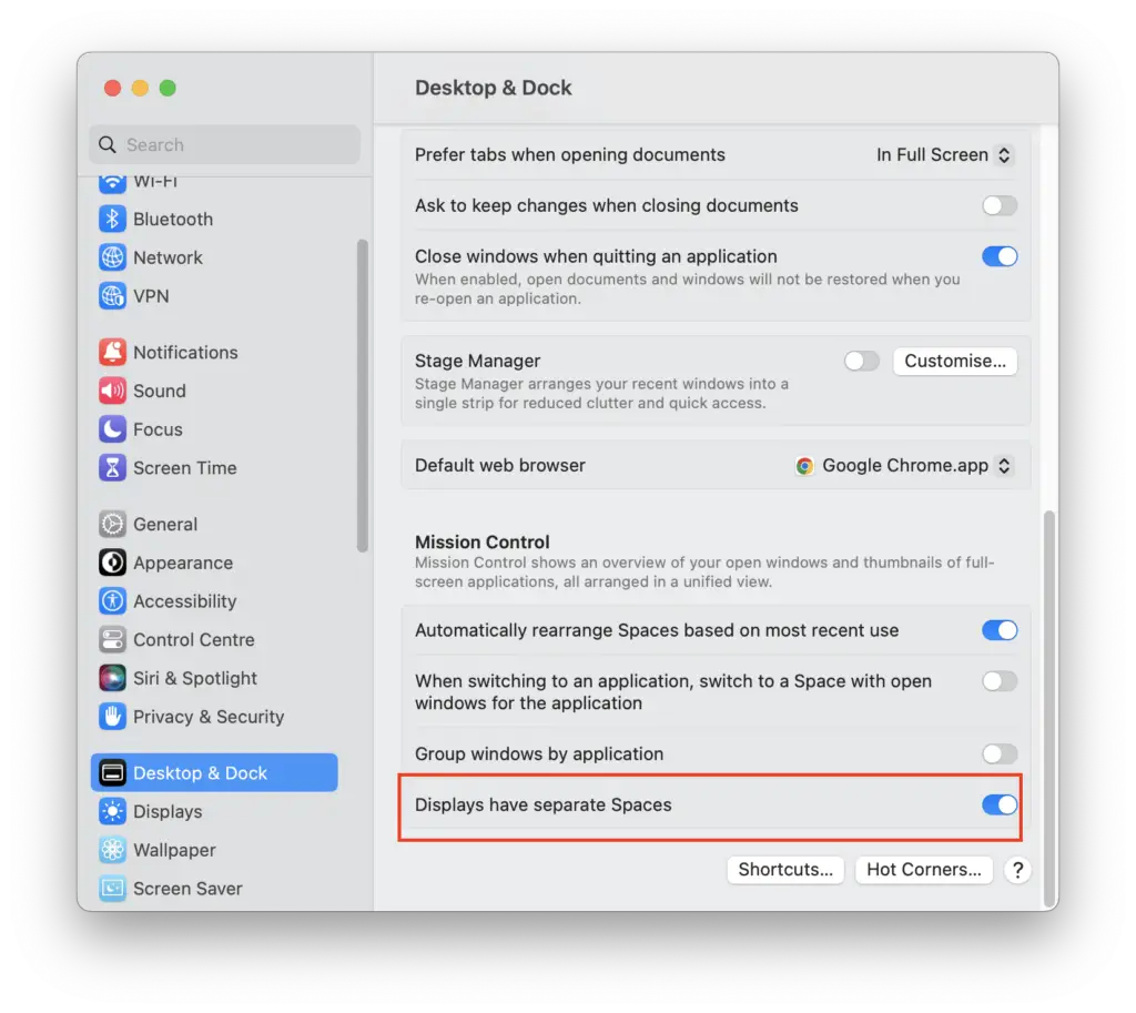 System Settings with text highlighted for Displays have separate Spaces