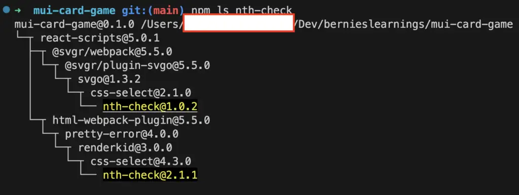 npm ls nth-check output